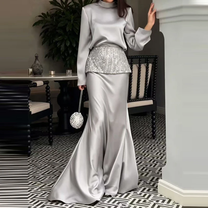 Women Elegant Draped Solid Satin Suit Long Sleeve 2 Piece Outfits Fashion Stand Collar Top & Sequin Waist Seal & Long Skirt Set