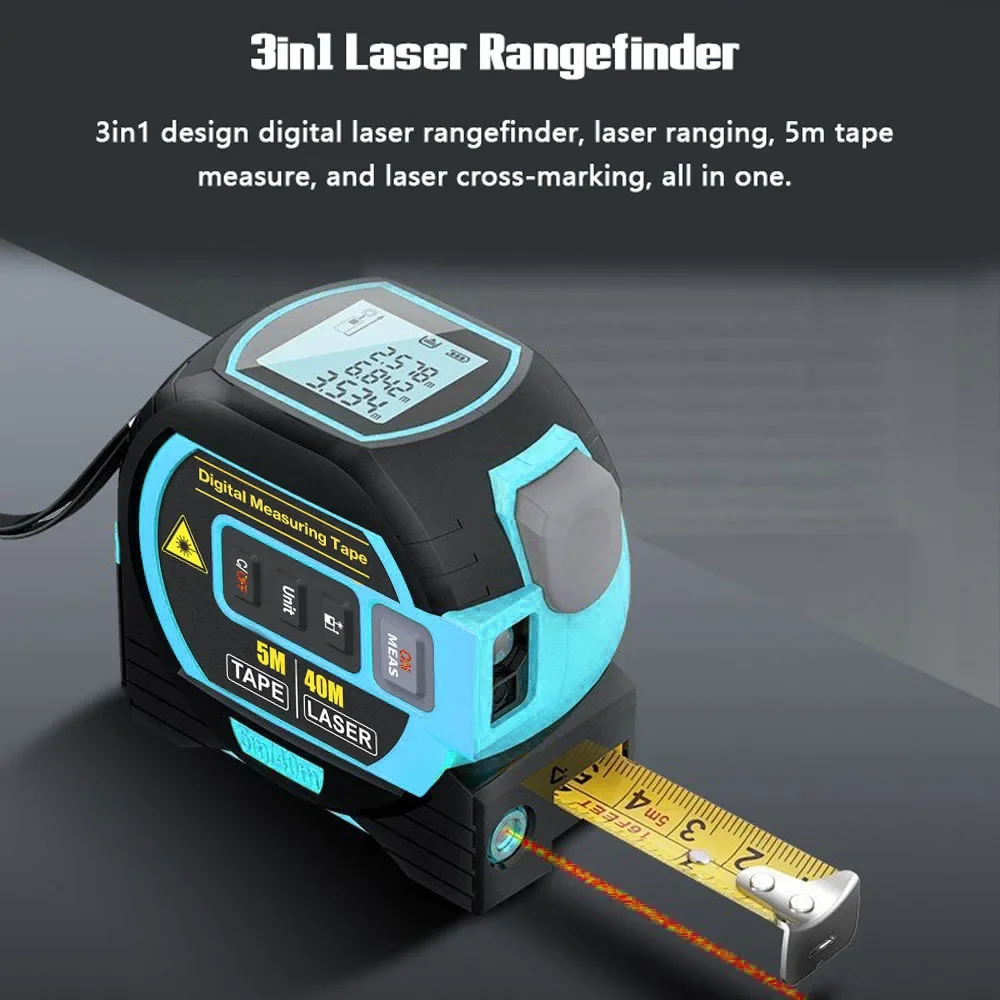 3in1 Laser Rangefinder 5m Tape Measure Ruler LCD Display with Backlight Distance Meter Building Area Volumes Surveying Equipment