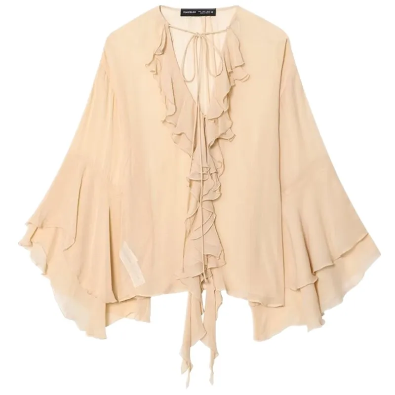 Krótki top z dekoltem w kształcie litery T, z dzwoniastymi rękawami i falbanką na dole, uniwersalny, modny dla kobiet, nowość na wiosnę i jesień 2025.