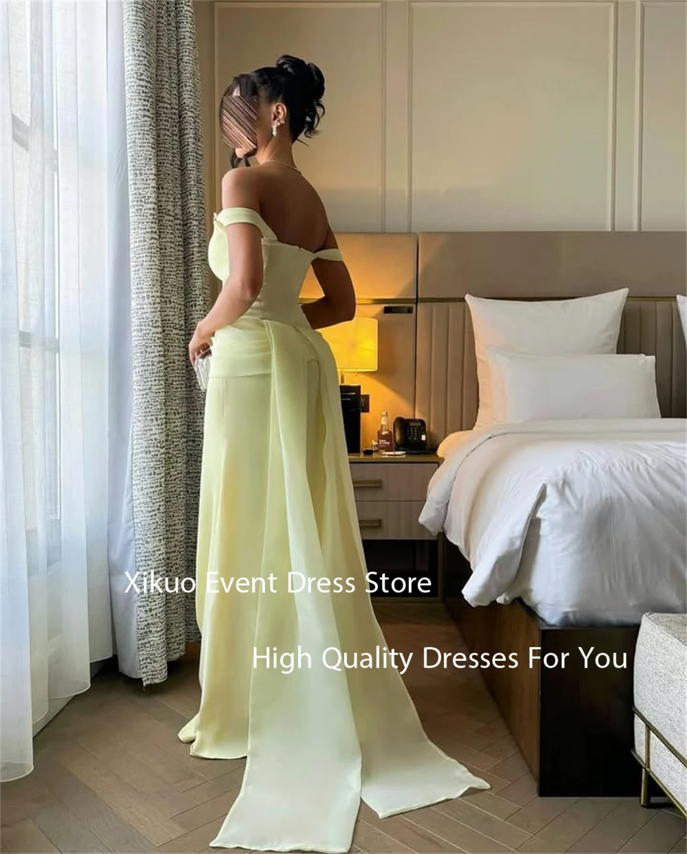 Xikuo gracioso amarelo cetim vestidos de baile sereia cristal vestidos para eventos fora do ombro arábia saudita vestidos de noite personalizados