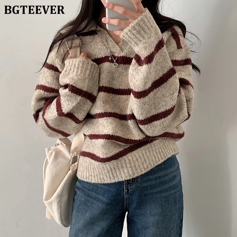 BGTEEVER Casual Warm Loose Turn-down Collar Female Striped Knitted Pullovers Autumn Winter Long Sleeve Women Sweaters Jumpers