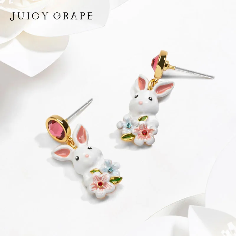 

Juicy Grape Silver 925 Pin Earrings Rabbit Eardrops For Women Artificial Zircon 3D Design Handmade Enamel Earrings Body Jewelrys