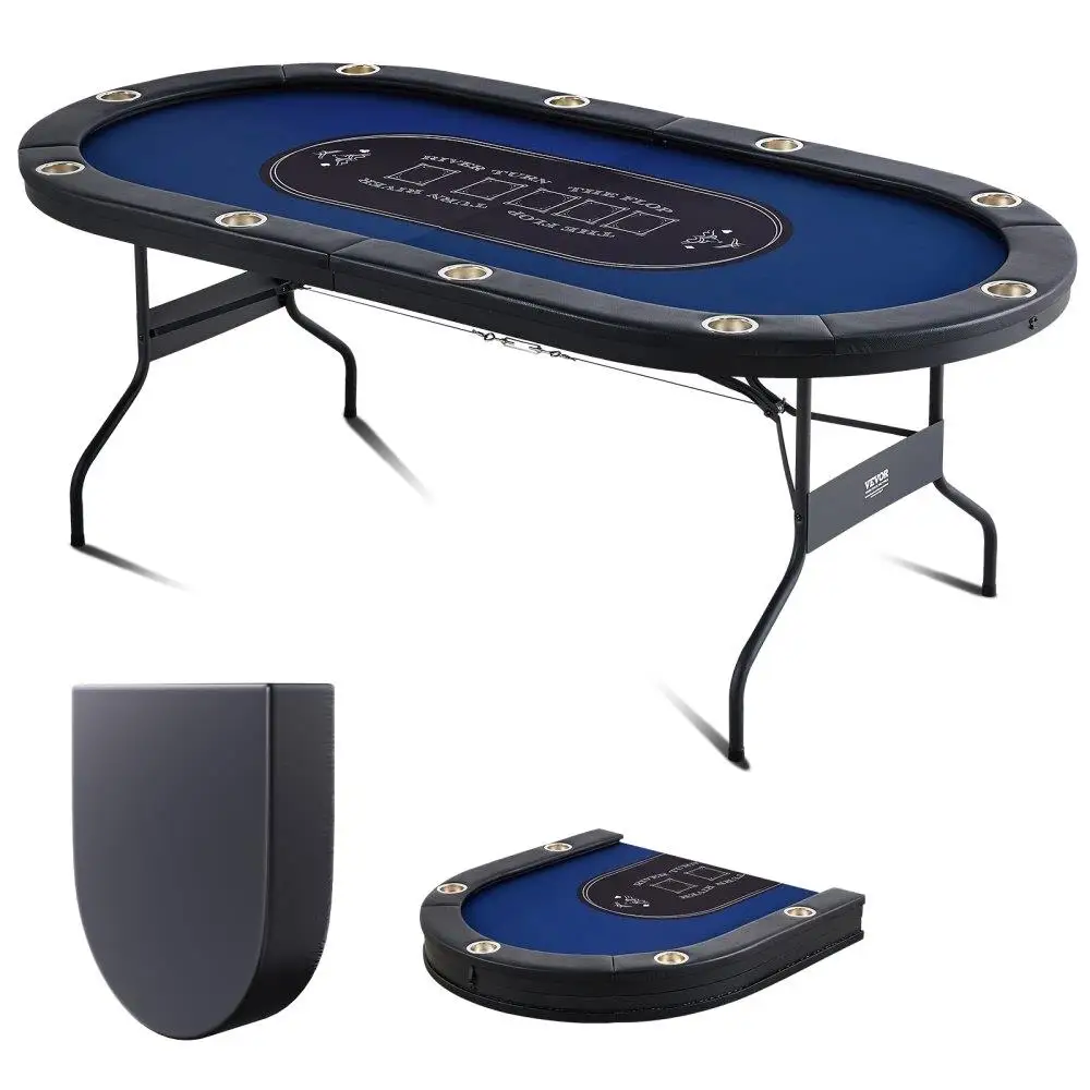 

10 Player Folding Poker Table Blackjack Texas Holdem Casino Table Padded Rails Stainless Steel Cup Holders Portable Card Game