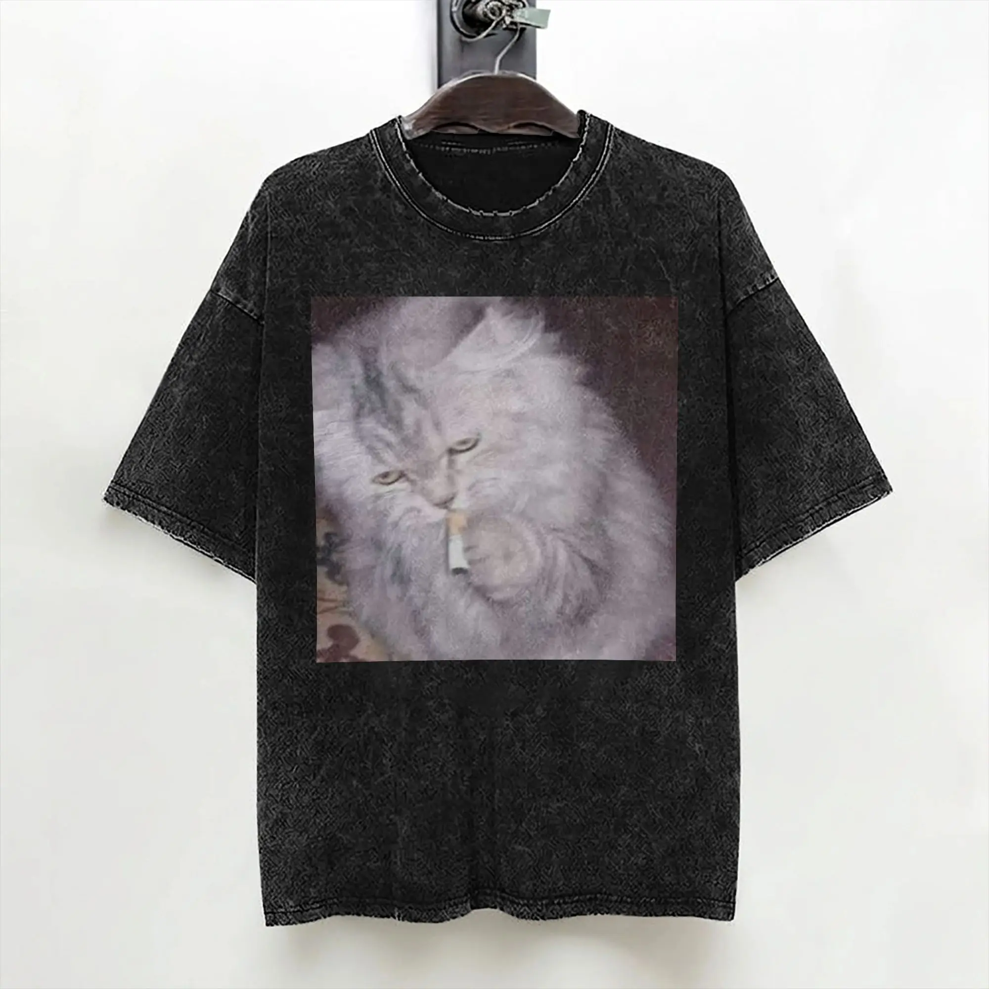Cat Smoking Cigarette Cute Kitten Meme T Shirt Washed 100% Cotton T-Shirts  Vintage for Men Women Streetwear Summer Tees