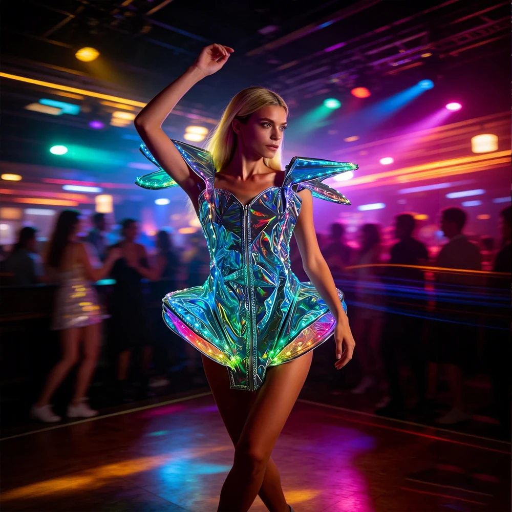 

Лазерное глянцевое светодиодное светящееся цельное сексуальное платье для выступлений, танцев, сцены, ночного клуба, гоу-гоу, мини-платье-пузырь