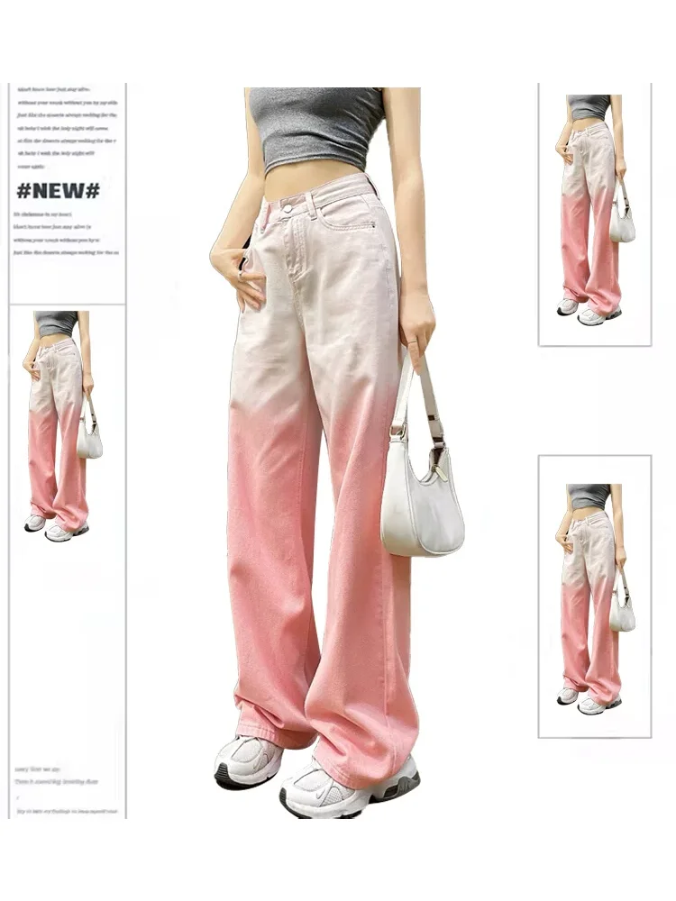 Harajuku Aesthetic  Pink Jeans Women's 2024 Summer New Dopamine Wearing Loose StraightHigh Street Instagram Style Wide Leg Pants