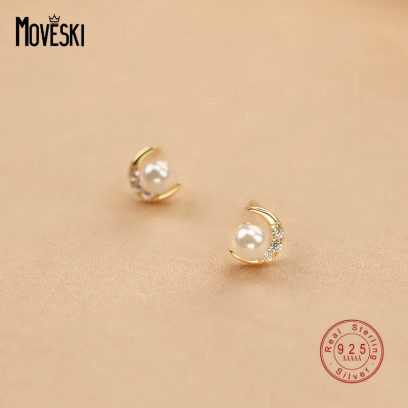 

MOVESKI 925 Sterling Silver Micro-Set Pearl Zircon Moon Stud Earrings Women Luxury Glamour Anniversary Gift Jewelry