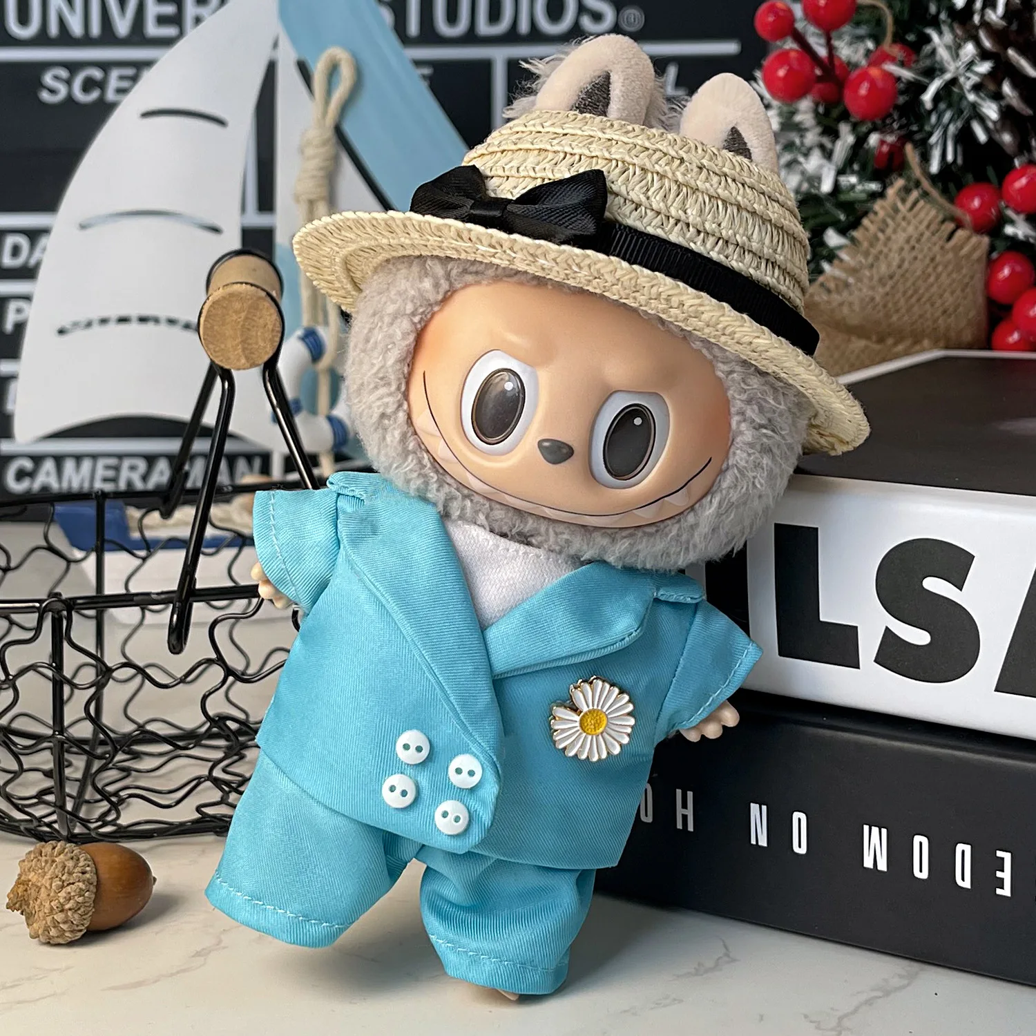 

Clothes For 15/17cm 1st-3rd Gen Plush Labubu Clothes Only Blue Suit Set With Khaki Bowknot Straw Hat Gentleman Style