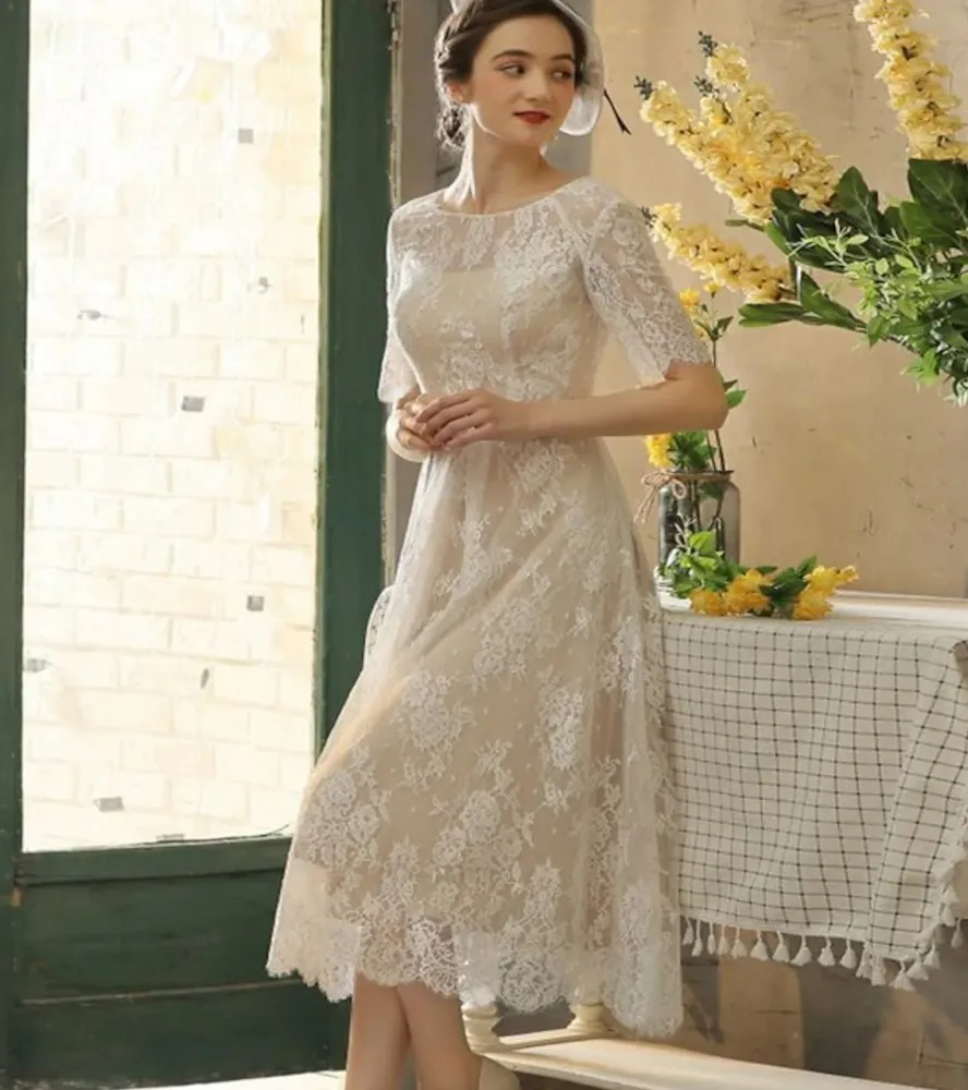 

2023 Champagne Short Bride Wedding Dresses Jewel Tea Length Lace Tulle Half Sleeve Bridal Gowns Vintage Robe De Mariage