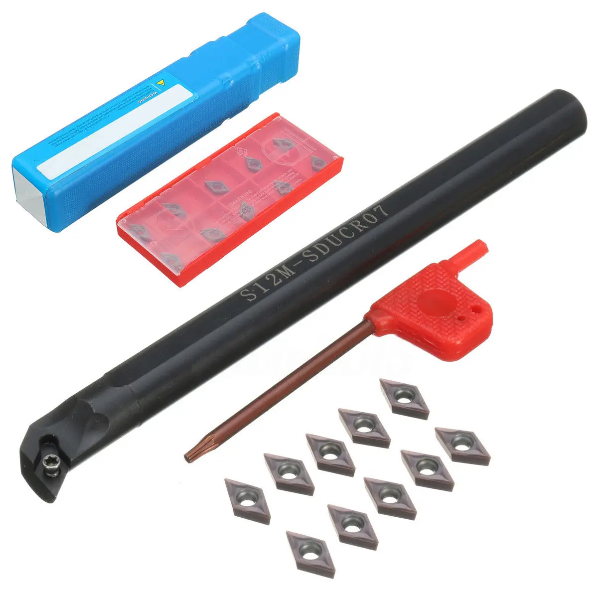 

12pcs/set S12M-SDUCR07 12mm Lathe Boring Bar Turning Tool Holder DCMT0702 Carbide Insert T8 Wrench Machinery Accessories