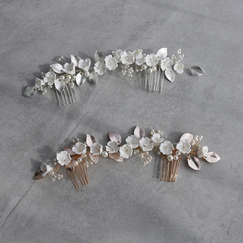 Wedding Hair Comb Vine Gold Silver Color Leaf Bridal Headpiece Handmade White Floral Women Headband