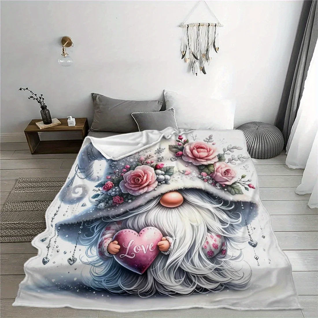 Gnome Love Throw Blanket, Floral Heart Design Plush Fleece for Sofa Bed, Valentines Christmas Gift, All Season Cozy Home Decor