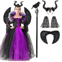 Halloween Costume Maleficent Cosplay Costume Girls Maleficent Deluxe Black Glam Gown Costume Kids Demon Evil Queen Witch Clothes