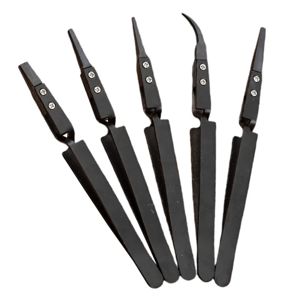 Pinzas de plástico de precisión, aislamiento resistente al calor, no conductor, antiestático, curvo inverso, duradero, acero inoxidable, 5 uds.