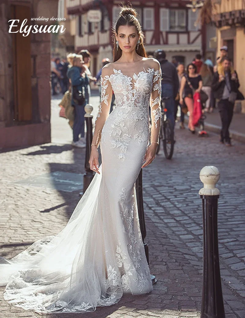 Suknia ślubna syrena z koronką i zdobieniami, romantyczna, na zamówienie, biała lub ecru, z trenem typu court, długi rękaw, suknia ślubna, vestido de novia