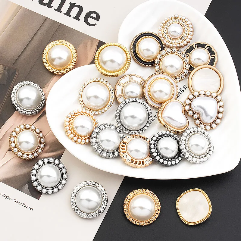 Luxury Rhinestones Button Imitation Pearl Metal Shank Buttons for Women Windbreaker Coat Sweater DIY Apparel Sewing Accessories