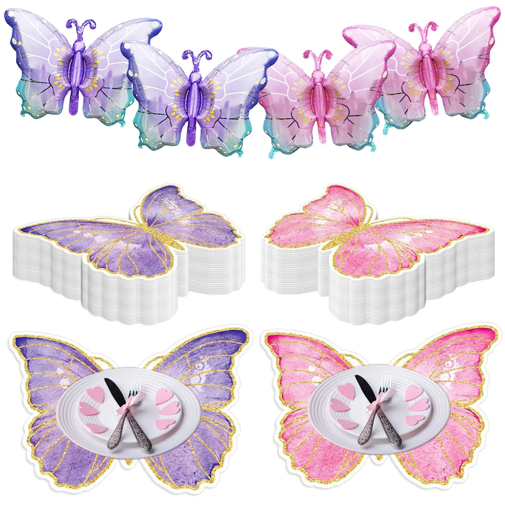 Suministros de fiesta de cumpleaños de mariposa, manteles individuales de papel desechables, globo de mariposa, decoración de manteles de mesa para fiesta de Baby Shower y boda