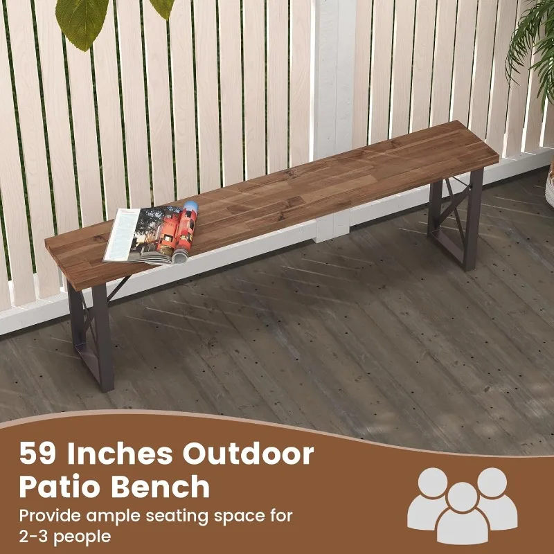 2 Pack Acacia Wood Outdoor Bench, 59 Inches Patio Bench with Metal Frame, 800 LBS Max Load, Backless Patio Benches fo