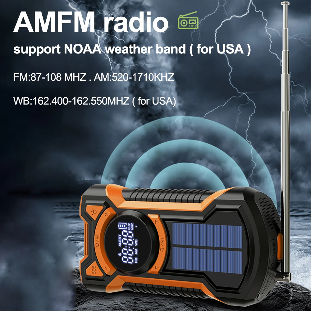 الطاقة الشمسية AM/FM/NOAA راديو الطقس 5000mAh كرنك اليد المحمولة راديو الطوارئ شاحن الهاتف مصباح ليد جيب للتخييم التنزه الخيام