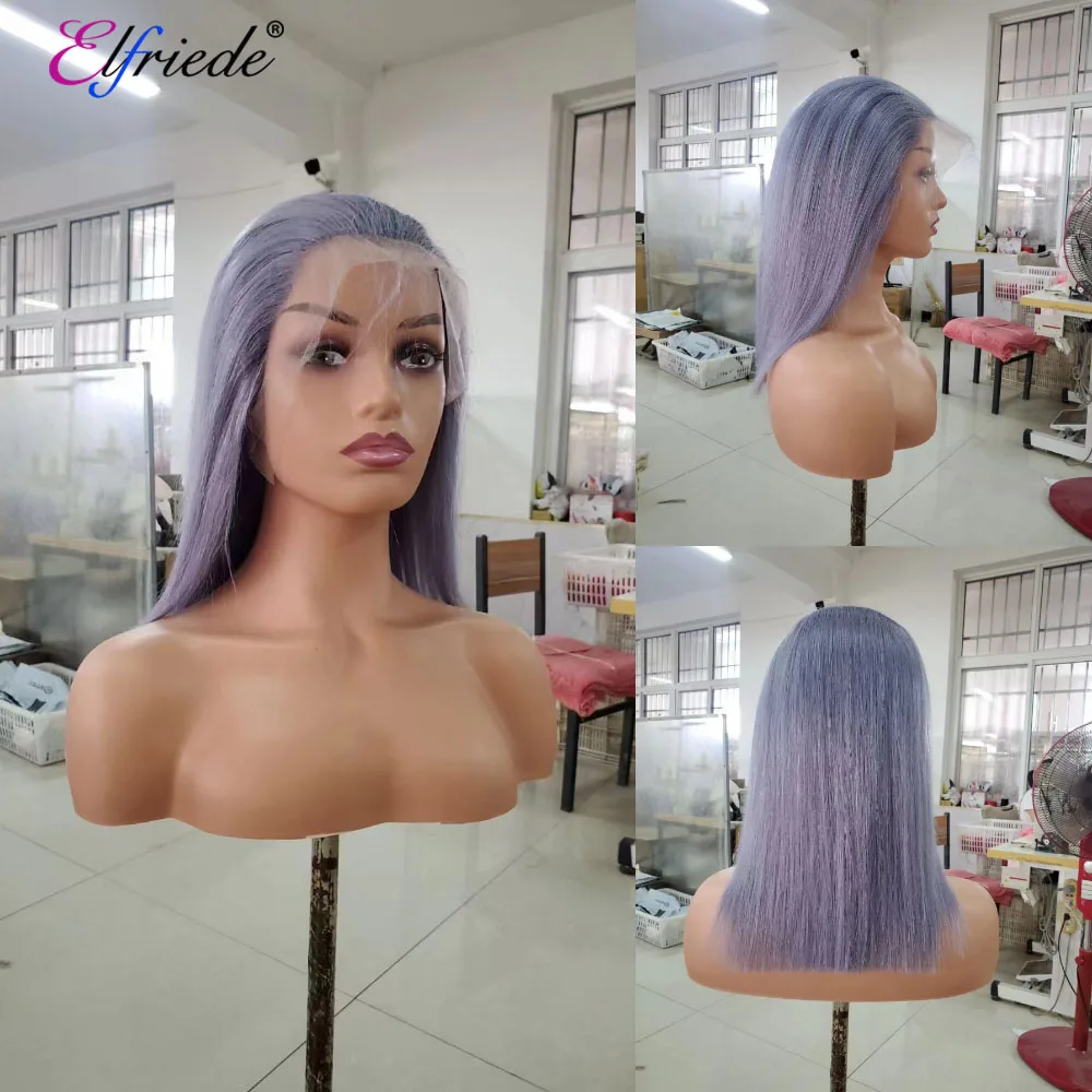 Wig rambut Bob Elfriede abu-abu renda wig rambut manusia depan lurus 4x4 penutup renda 13x4 13x6 wig rambut Bob pendek Frontal renda untuk wanita