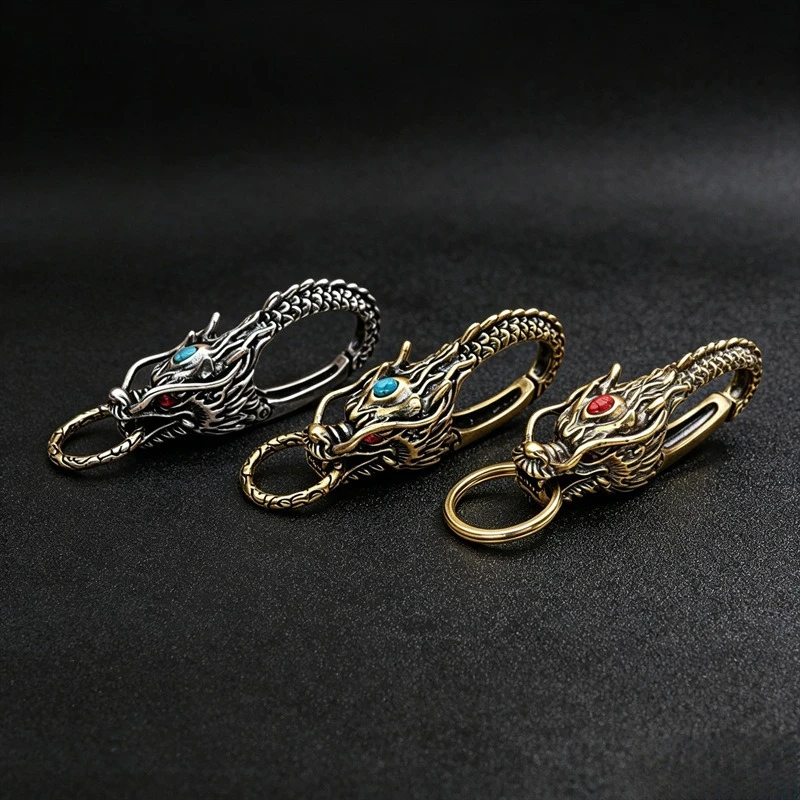 Vintage Brass Dragon Head Carabiner Keychain, Retro Metal Dragon Key Clip with Inlaid Stones for Men Gift