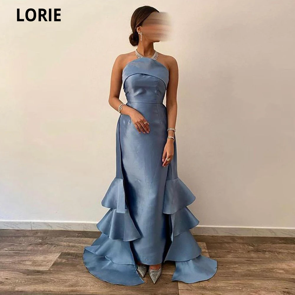 

LORIE Strapless Mermaid Prom Dresses 2023 Tiered Train Valentine's Day Dress Sleeveless Satin Long Saudi Arabia Robe De Soirée