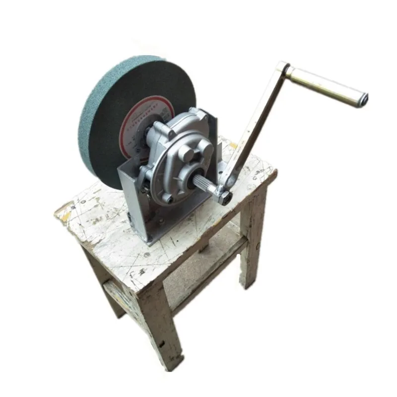 Hand cranked grinder with bearings, kitchen knife, manual sharpening machine, grinding wheel rack, gearbox, grinder