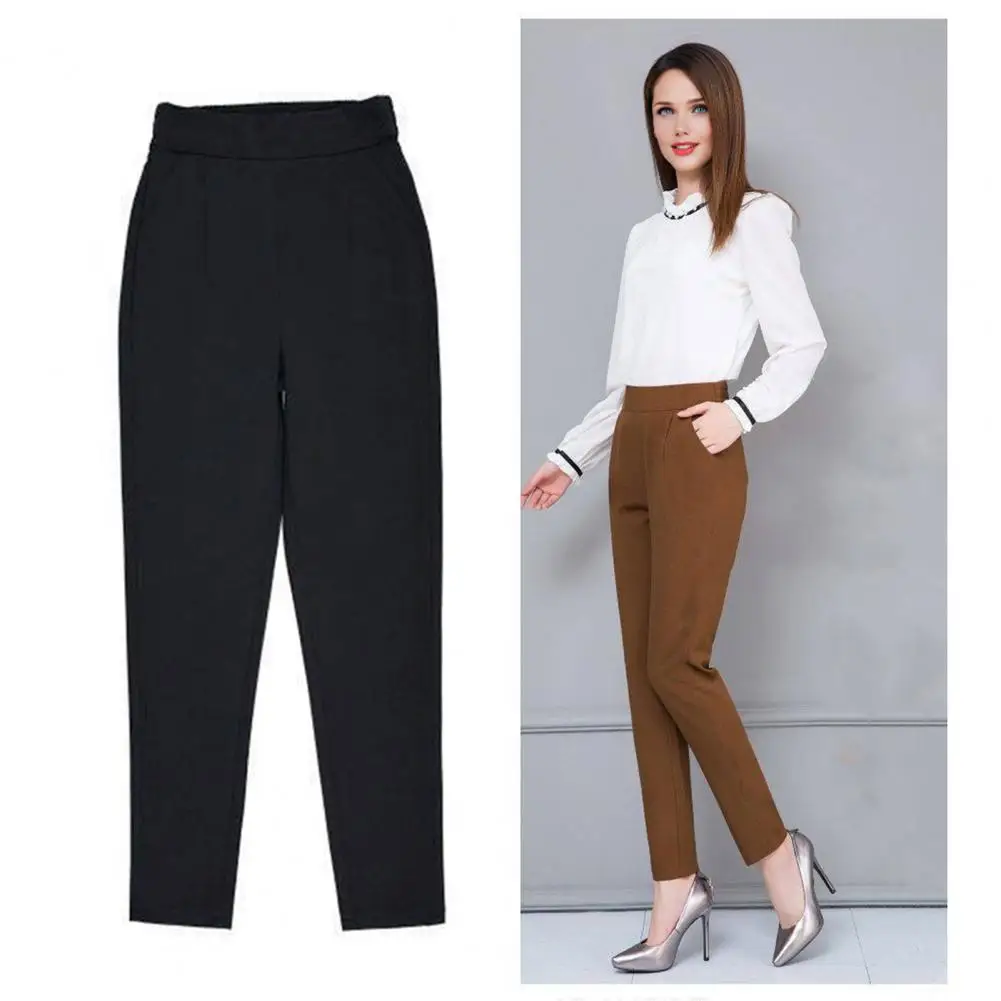 Women Pants Elastic High Waist Slim Fit Trousers with Pockets Solid Color Casual Commuting Style Office Lady Pants