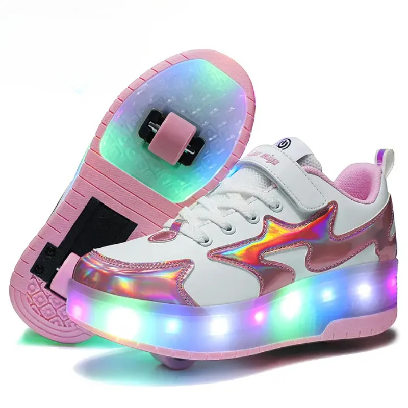 Kids LED usb charging roller shoes glowing light up luminous sneakers with wheels kids rollers skate shoes for boy girls