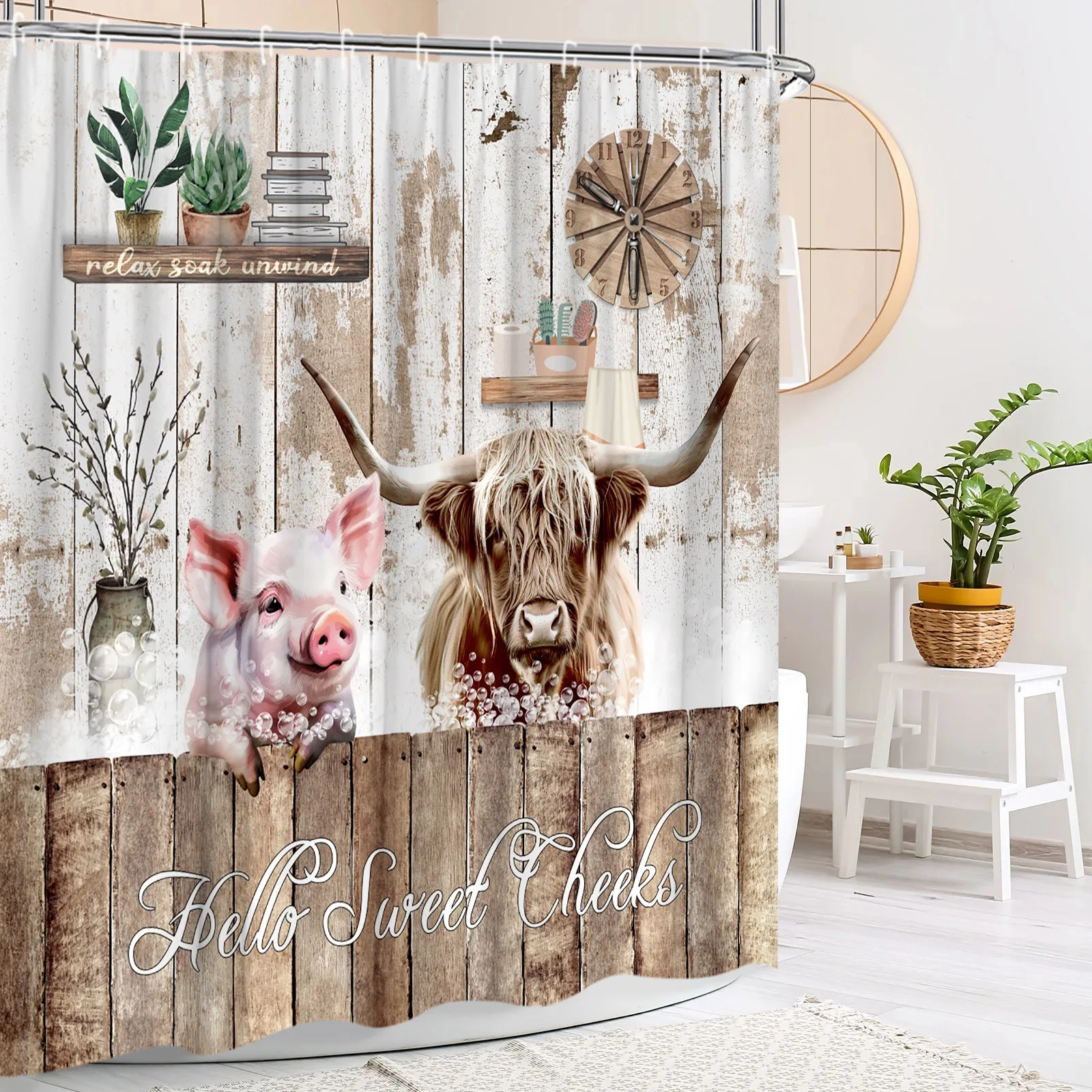 Farm Animal Shower Curtain Highland Cow Pig Donkey Plant Flower Rustic Plank Barn Butterfly Polyester Bathroom Decor Curtain Set