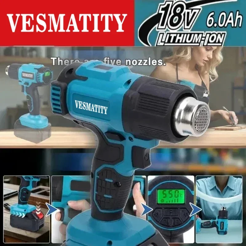 VESMATITY Industrial Gun Handheld Electric Heat Gun Temperatures HeatGun Cordless Hot Air AdjustableFor Makita 18V20V BatteryPin