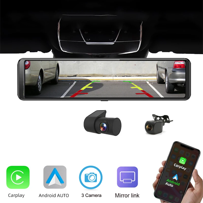 

12Inch 3 Channel Dash Cam 2k Dash Cam Car Mirror Video Recording Carplay Android Auto Vehicle internal monitoring Black box