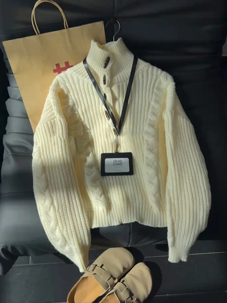 

Мужской вязаный свитер в американском ретро-стиле с высоким воротником на пуговицах, утепленный, осенне-зимний, повседневный, с длинным рукавом