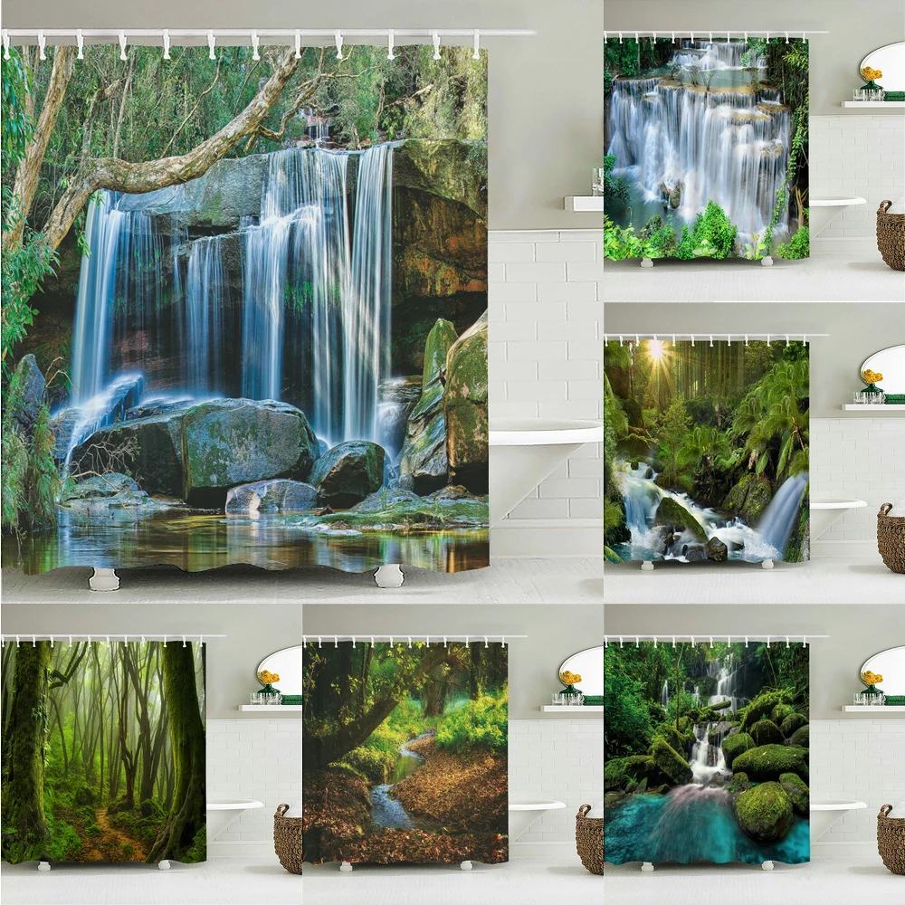 

3d Printed Natural Forest landscape Shower Curtain Waterproof Fabric Waterfall Bathroom Curtains Wall Decoration large 300x180