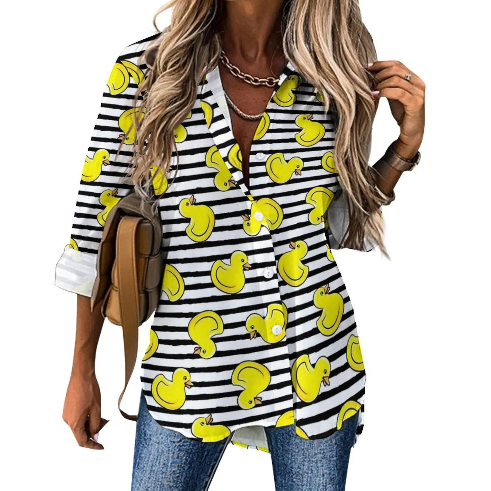 Rubber Ducks Loose Blouse Black Stripes Street Fashion Oversized Blouses Womens Long Sleeve Pretty Shirt Summer Design Clothing