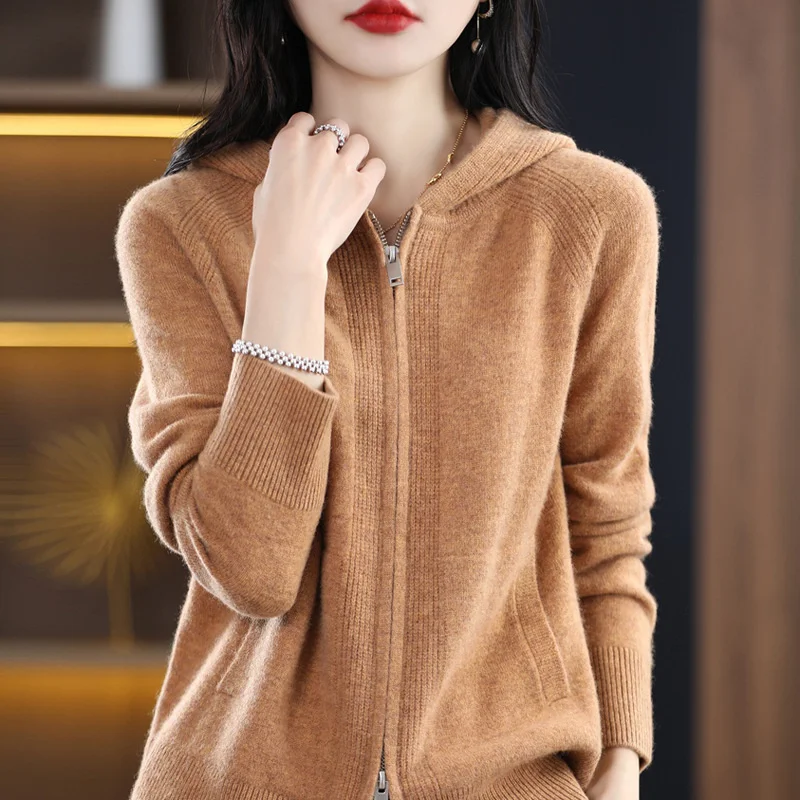 2023 New Autumn Women Cardigan Sweater Jacket Korean Loose Zipper Hooded Casual Cashmere Knitted Cardigans Ladies Sweater Coat