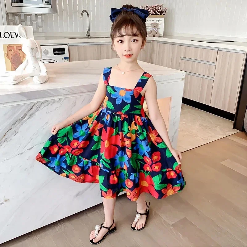 Girls Dresses 2023 Summer Baby Girl Casual Dress Toddler Floral Print Sleeveness Fashion Girls Princess Dresses Kids Clothes