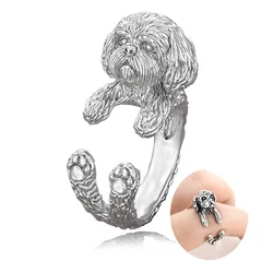 Vintage Silver Color Boho Cute Shih Tzu & Lhasa Apso Dog Puppies Shape Wrap Ring For Women Girl Kids Gift For Pet Lover Jewelry