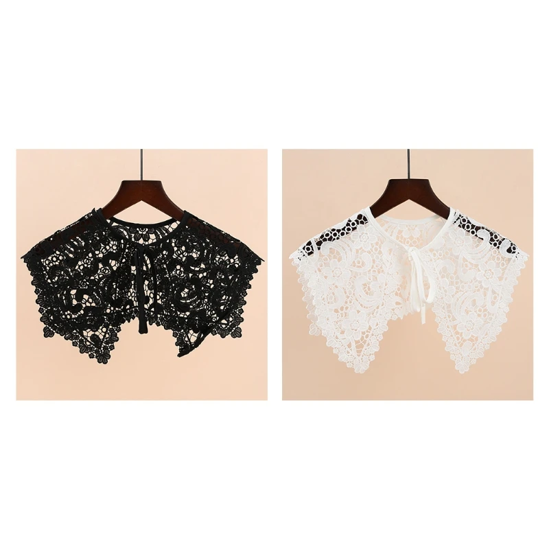 Women Hollow Out Paisely Floral Lace Fake Collar Triangular Shawl Large Shoulder Wrap Necklace Decorative Lace-Up Short Poncho