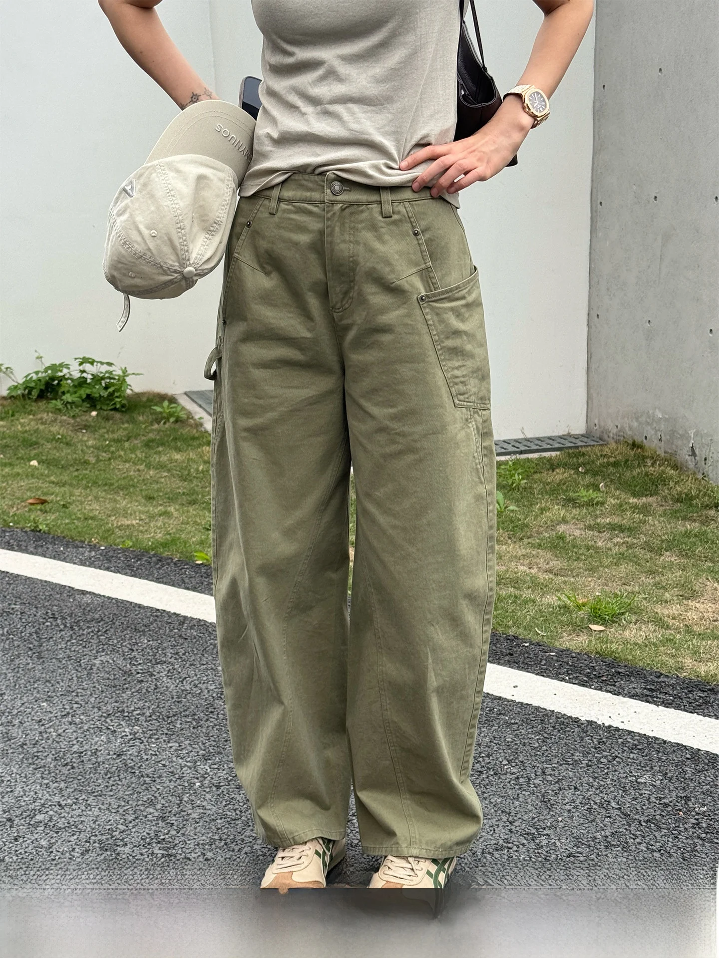 

American Style Military Green Work Pants Wide Leg Thin Summer Casual Long Trousers for Women Langqing Tong Casual Cotton