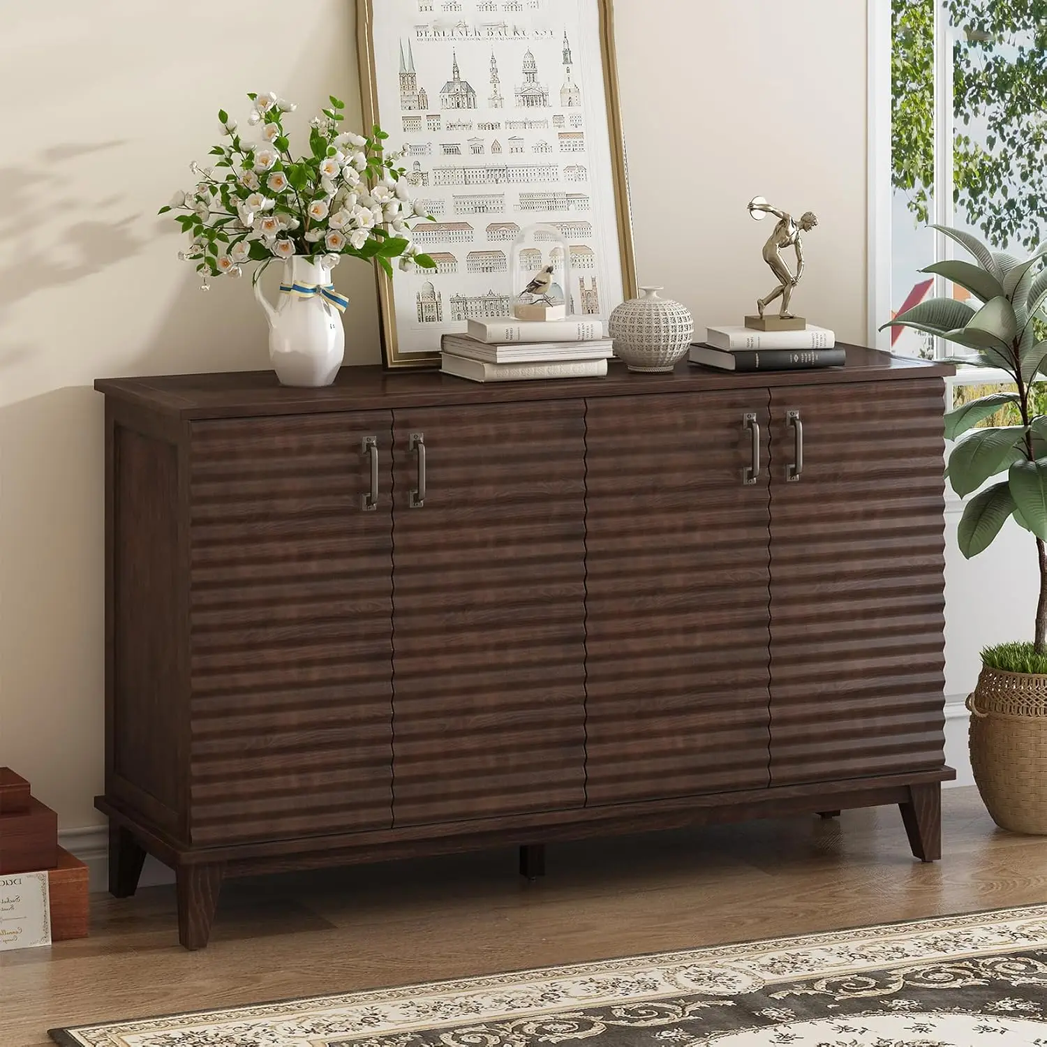 

Farmhouse Storage Accent Cabinet Chest with 4 Shutter Door, Large Storage Buffet with Adjustable Shelves and Metal Handles TV Be