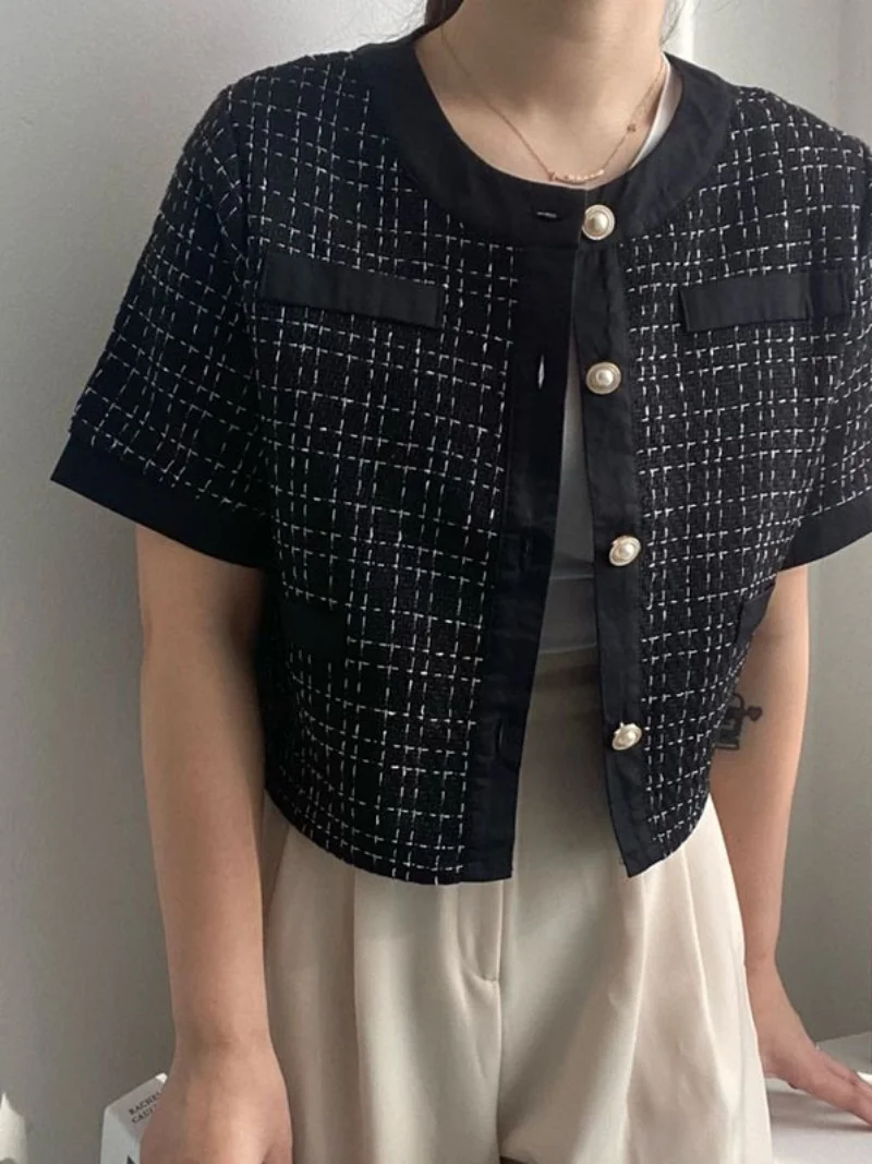 

Chic Retro Pearl Button round Ne ort Sve Women's Jaet Tweed Commute Sle Summer Outerwear Casual Loose Fit irt