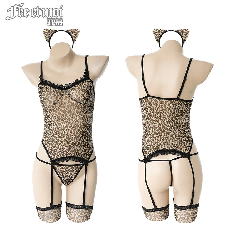 Porno Party Backless Cat Girl Bodysuit Leopard V Neck Bandage Sweet Cosplay Costume Bed Uniform Tempatation Garter Stockings Set