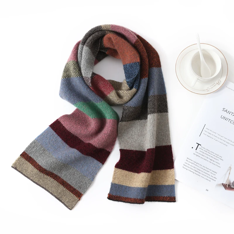 Autumn And Winter Pure Wool Rainbow Sugar Scarf Color Matching Striped Wool Scarf For Men And Women To Keep Warm And Windproof