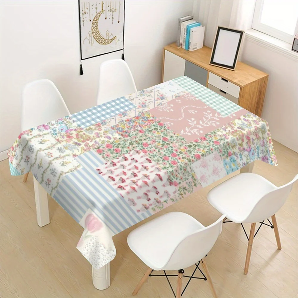 Patchwork Tablecloth, Vintage Floral Patchwork Print Cover, Washable Table Cloth for Party, Sweet Country Style Home Table Decor