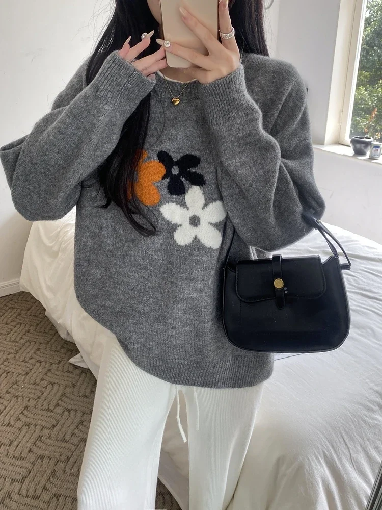 

Pullovers Women 2023 Autumn and Winter Korean Round Collar Loose Soft Printing Solid Color Long-sleeved Sweater Knitted Sweater