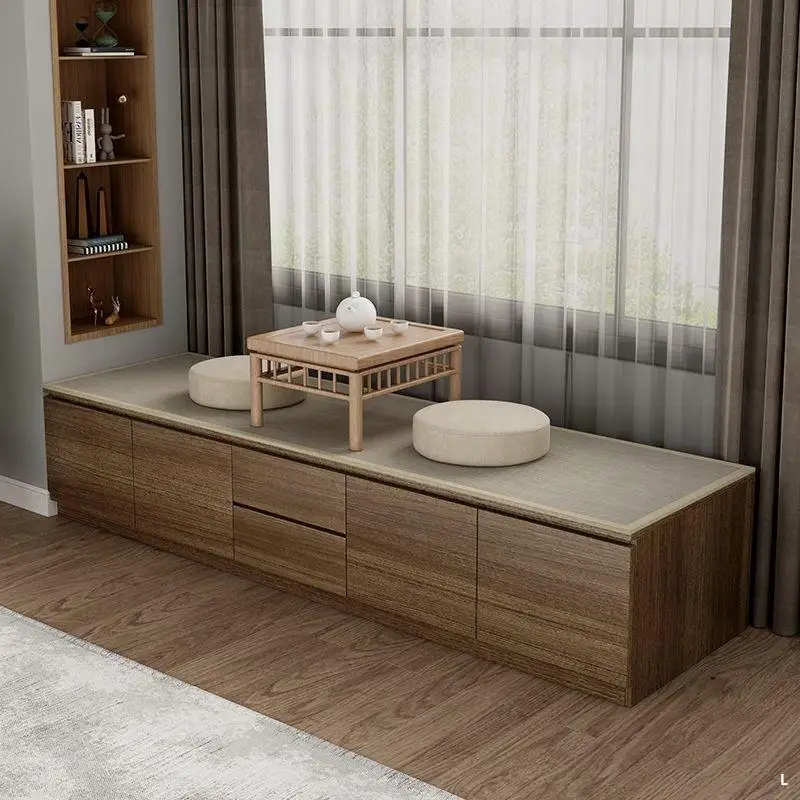 Solid wood balcony locker bay window cabinet can sit long cabinet bedroom tatami window sill floor low storage