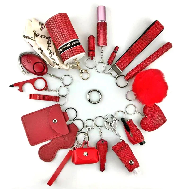 17pcs/set Masonry Fashion Girls Outdoor Defense Keychain Accessories Portable Pendant Cylinder Storage Bag