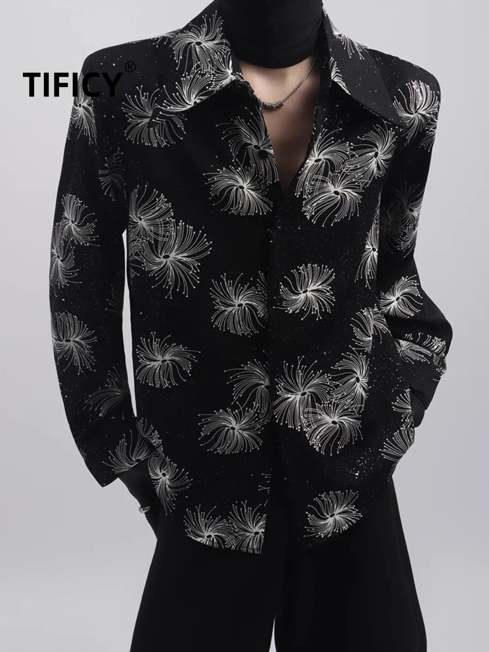 

TIFICY Trendy and Versatile Loose Long Sleeved Shirt Man's Starry Sky Fireworks Print Shirts Tops Men Clothing
