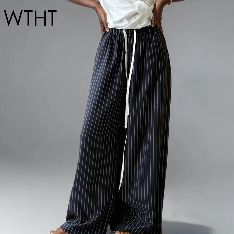 

WTHT Fashion Women's Striped Straight Casual Pants 2025 Summer New Trendy Bandage Elastic Waist Wide Leg Trousers Female 1LS2001
